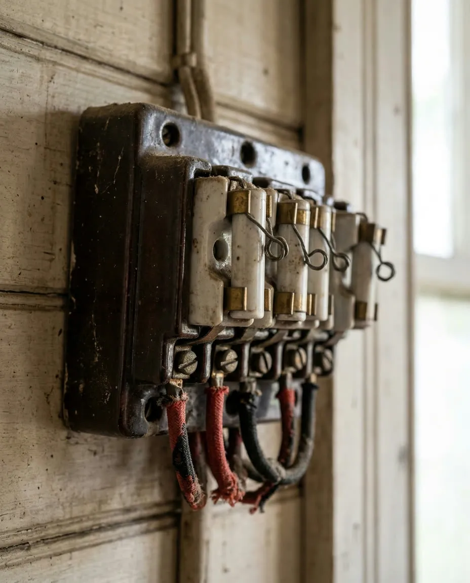 Switchboard upgrades Melbourne: old ceramic fuse box needing replacement, aged wiring close-up