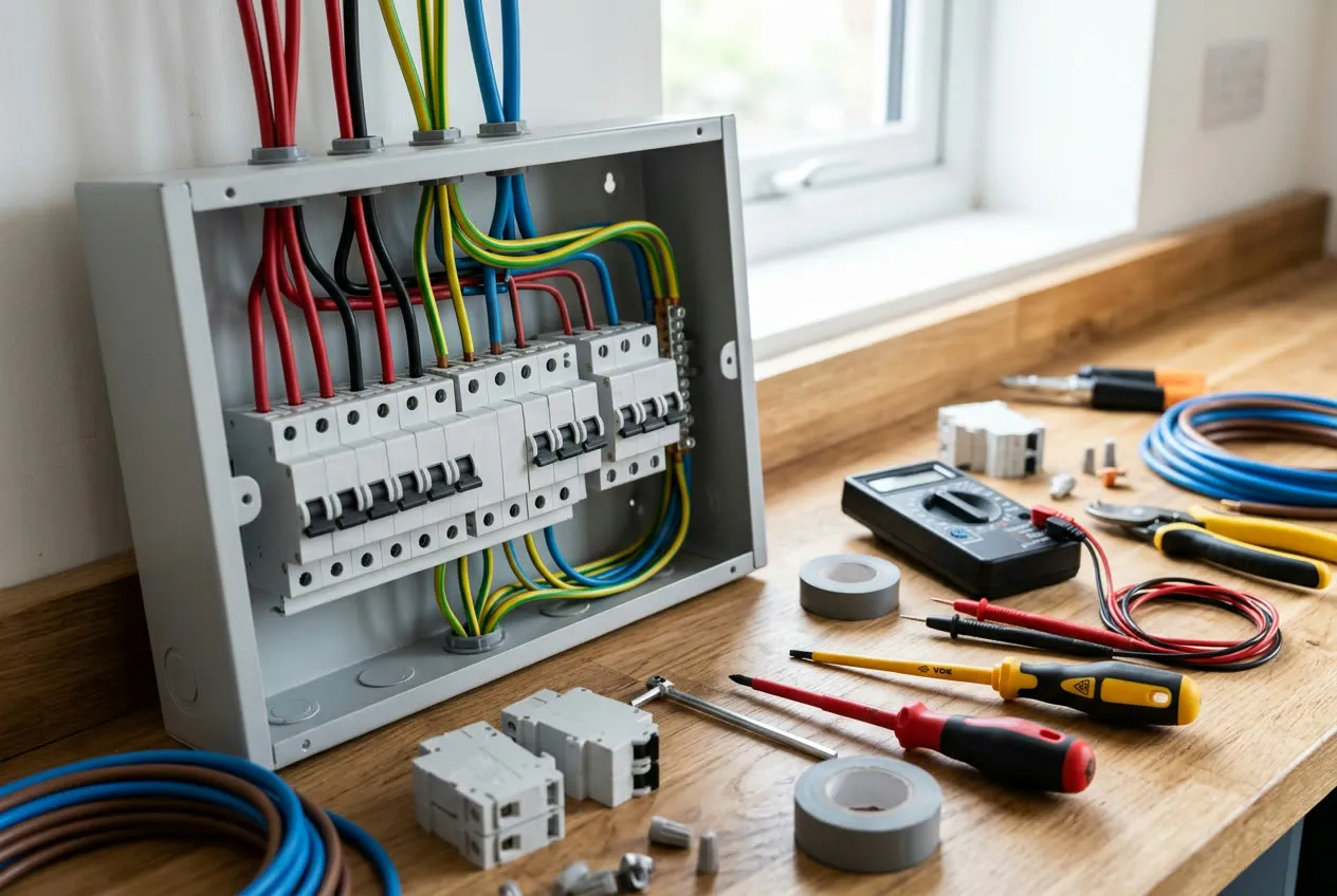 Switchboard upgrades Melbourne: process tools and materials beside a partially installed board