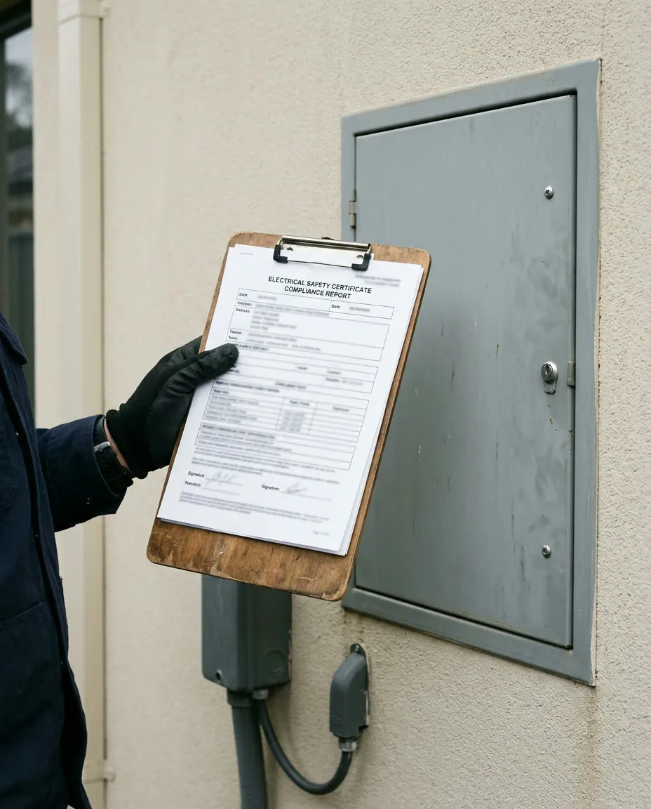 Switchboard upgrades Melbourne: Certificate of Electrical Safety held beside a closed switchboard door