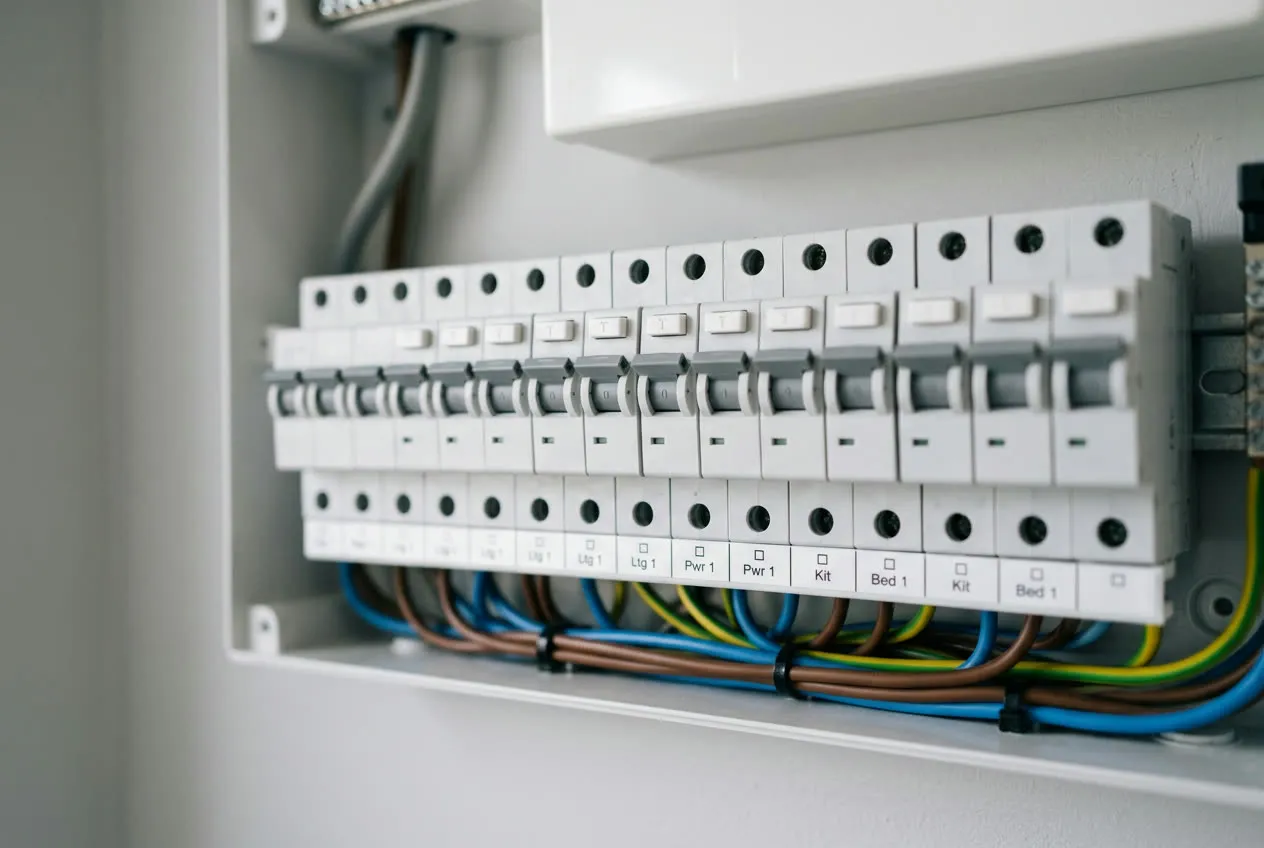 Switchboard upgrades Melbourne compliance detail: labelled RCBOs in a modern panel, licensed electrician standard